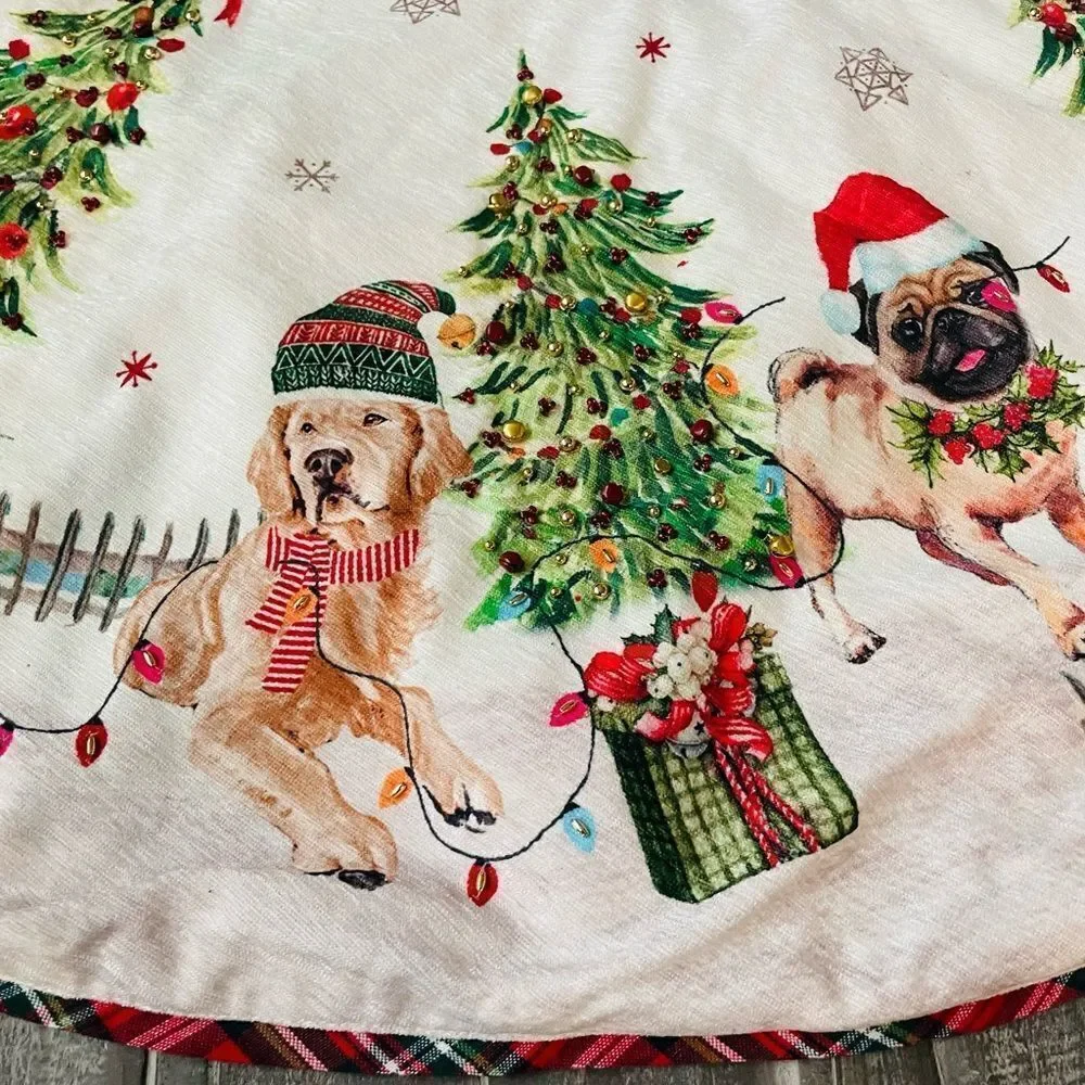 NWT Holiday Dogs Frenchie Pug Golden Retriever Christmas Tree Skirt